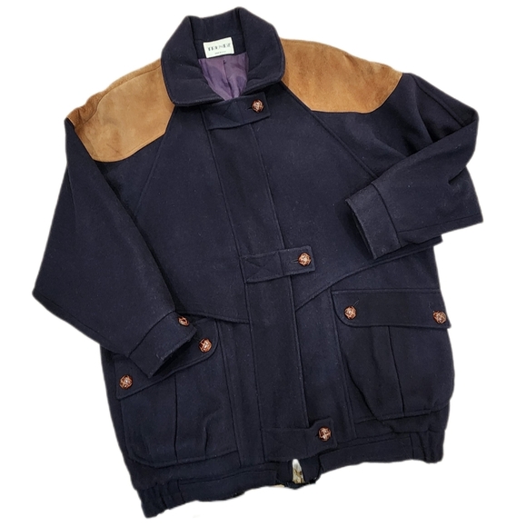 VINTAGE TRENDZ Oversized WOOL COAT Navy,/Brown, Women's 13/14 - Picture 1 of 10